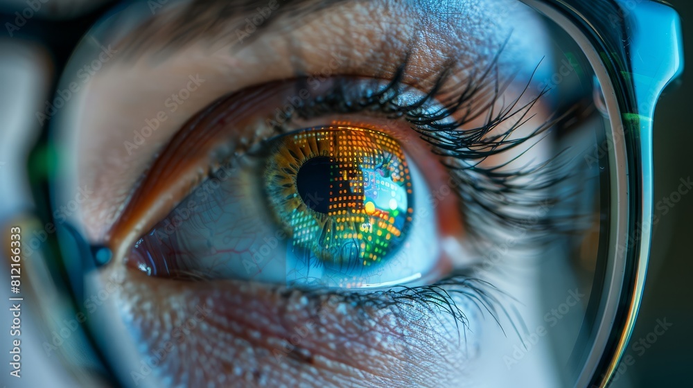 Closeup of an eye with glasses reflecting computer code Closeup of an eye with glasses reflecting computer code