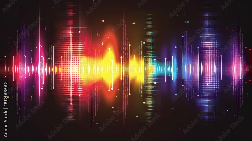 Colorful sound waves on a black background with audio waveforms in the style of music or digital technology concepts Colorful sound waves on a black background with audio waveforms in the style of music or digital technology concepts