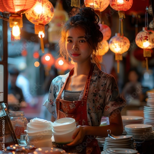 Chinese businesswoman managing finances at her familyowned restaurant photo