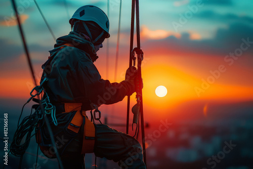 Telecommunications technician in safety harness rappels down a tower with a radiant sunrise illuminating the cityscape below.