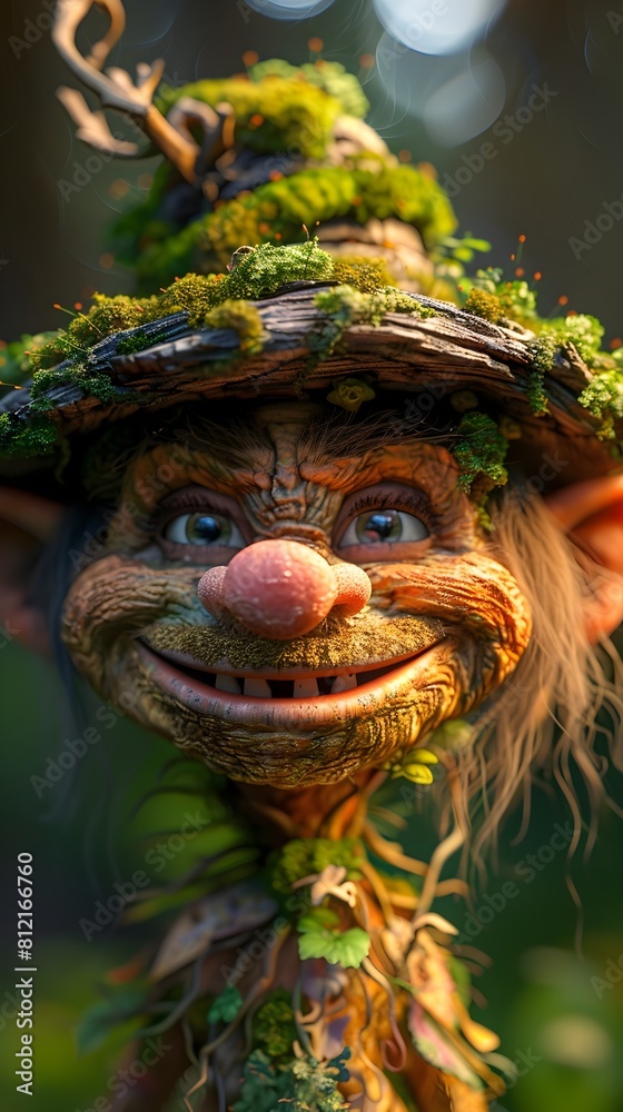 Whimsical Moss Covered Forest Creature with a Cheerful Expression Whimsical Moss Covered Forest Creature with a Cheerful Expression