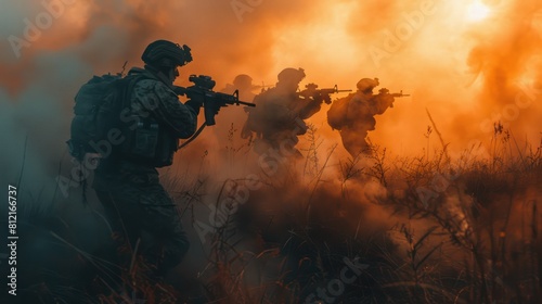 Marines in Action  Soldiers Amidst Fog  Fire  and Smoke  Shooting with Assault Rifles and Machine Guns  Attacking the Enemy at Sunset