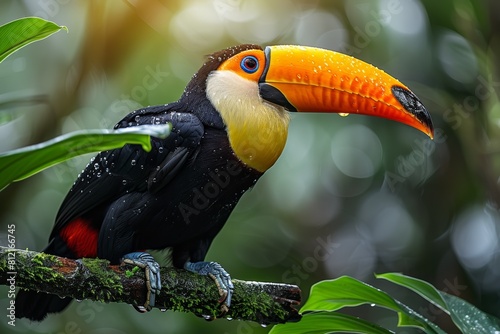 In the lush rainforest, a vibrant toucan with a colorful beak perches gracefully on a branch. photo