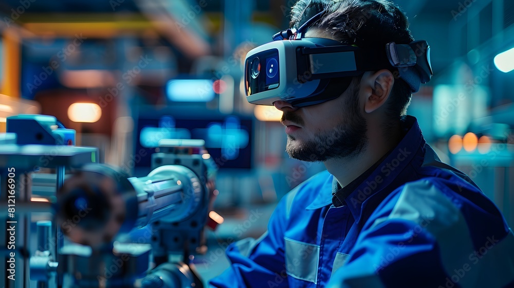 Immersive Virtual Reality Headset Worn by a Professional in a Modern Tech Workspace Immersive Virtual Reality Headset Worn by a Professional in a Modern Tech Workspace