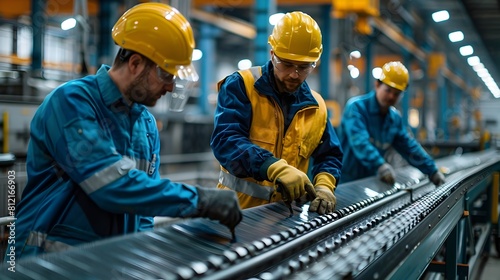 Hardworking Team of Factory Workers Collaborating on Production Line in Industrial Warehouse