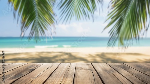 Beach Product Mockup Concept. Wooden Table with Tropical Beach Background. Brown wood table on summer tropical beach background with empty copy space on the table for product display mockup.