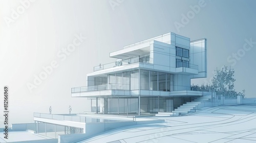 architectural blueprint model of contemporary townhouse wide banner format 3d illustration