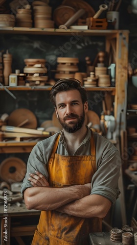 Wallpaper Mural Skilled Craftsman Standing with Arms Crossed in His Vibrant Woodworking Workshop Torontodigital.ca