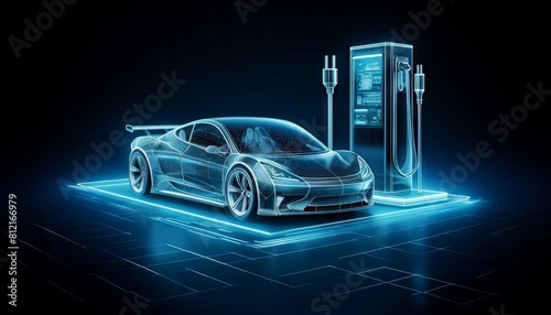 futuristic electric car, designed with a holographic wireframe style, connected to a sleek charging station