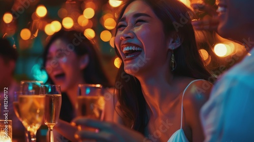 asian adults enjoying laughter and drinks at bar party joyful social gathering