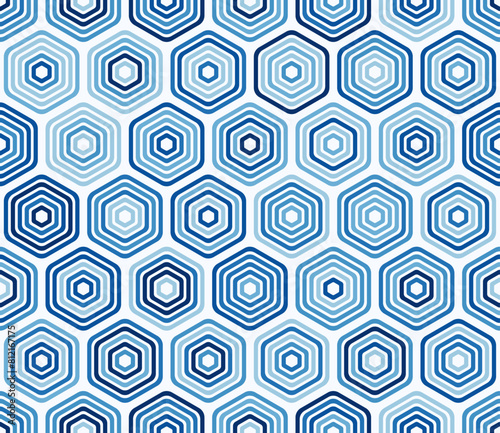 Pattern of hexagon shapes. Bold rounded stacked hexagons mosaic pattern. Blue color tones. Large hexagon shapes. Tileable pattern. Seamless vector illustration.