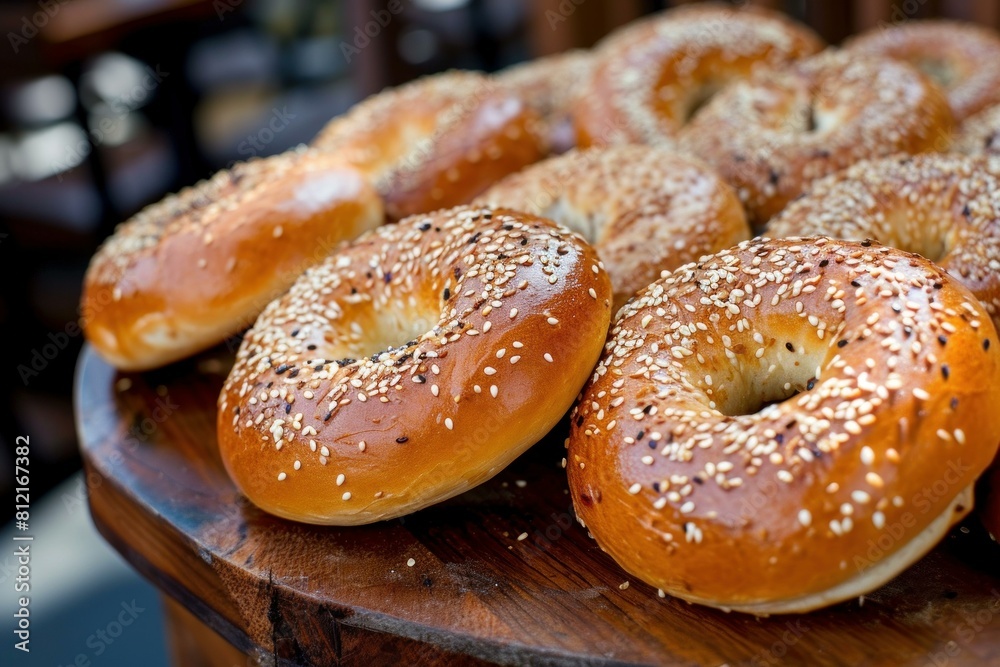 Close-up of sesame seed bagels, arranged on a rustic wooden board, healthy breakfast concept Close-up of sesame seed bagels, arranged on a rustic wooden board, healthy breakfast concept