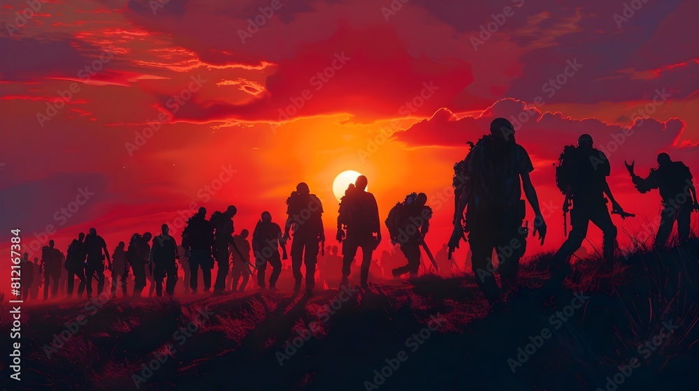 Silhouetted Zombie Horde Marching Towards a Menacing Blood Red Sunset Silhouetted Zombie Horde Marching Towards a Menacing Blood Red Sunset