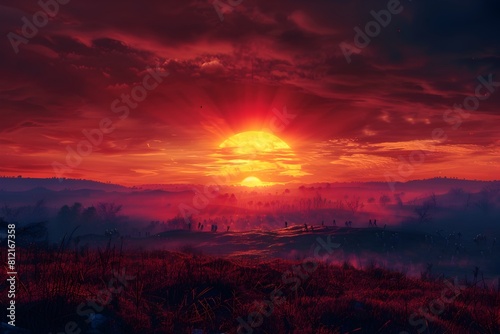 Hauntingly Beautiful Sunrise Over a Zombie Infested Landscape with Vibrant Skies and Ominous Atmosphere photo