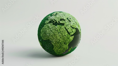 A 3D rendering of a green eco globe against a white backdrop symbolizing concepts of environment and ecology