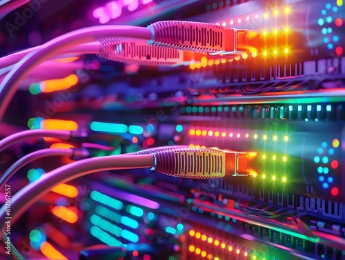 Vibrant Fiber Optic Cables Illuminating High Speed Network Server Backend