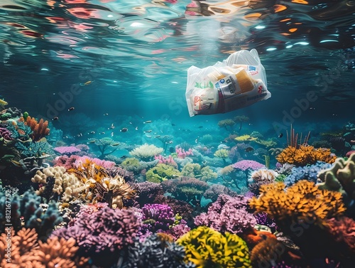 Vibrant Underwater Serenity Disrupted by Floating Plastic Bag