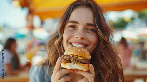plus size woman  with burger at summer