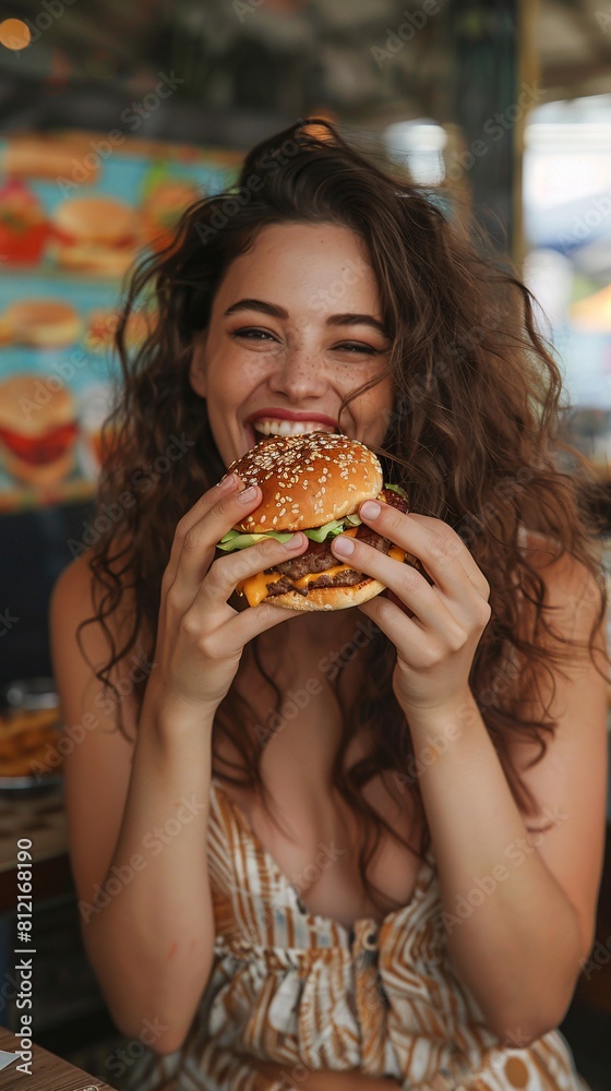 plus size woman with burger at summer plus size woman with burger at summer