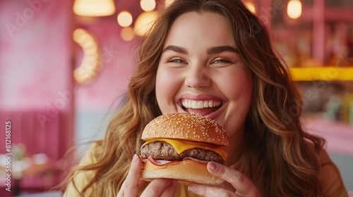 fat woman  with burger at summer