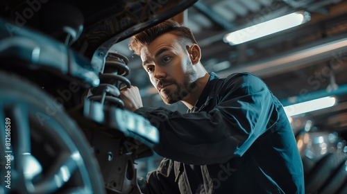 Focused Male Maintenance Engineer With Light Examining Chassis Of Car On Hydraulic Platform In Auto Repair Shop