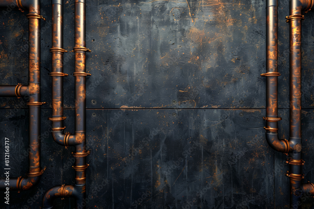 Industrial old rusty metal copper pipes on a dark steampunk grunge ...