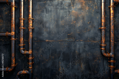 Industrial old rusty metal copper pipes on a dark steampunk grunge metal wall, industrial steampunk background, web banner, plumbing services backdrop, advertisements flyer