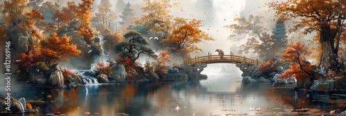 Chinese carpenter building a wooden bridge over a serene koi pond photo
