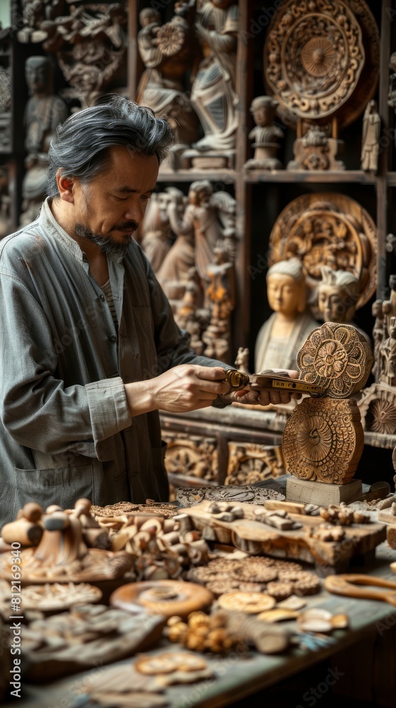 Chinese carpenter restoring ancient wooden artifacts in a museum workshop