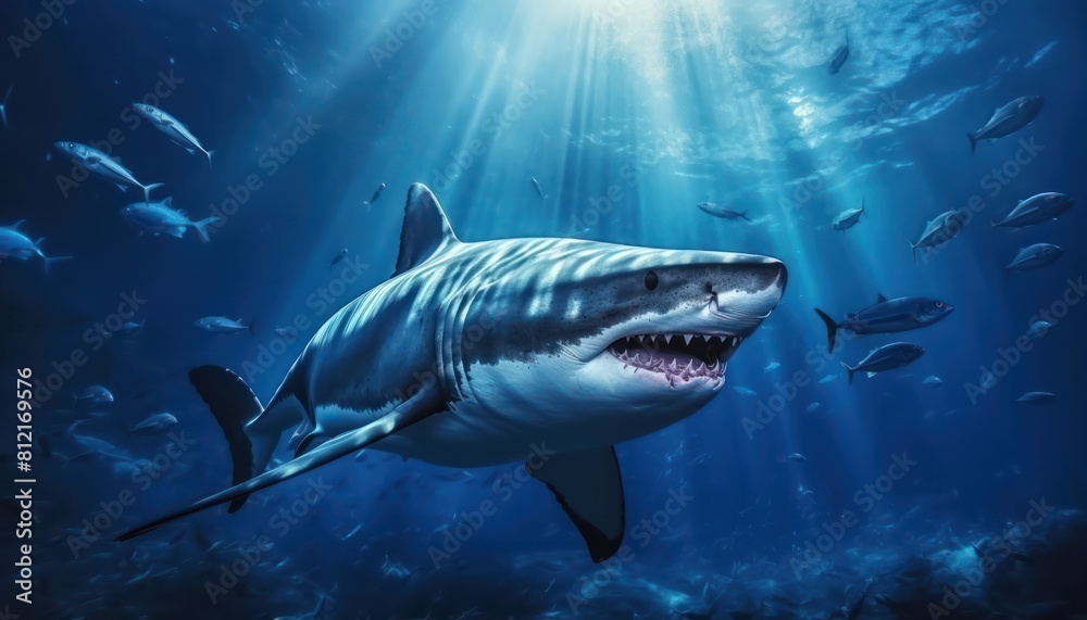 Fototapeta premium The great White Shark in the ocean, portrait of White shark hunting prey in the underwater