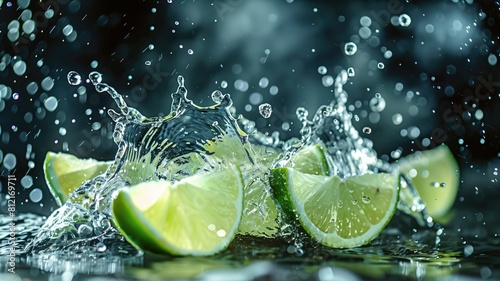  Vivid lime slices making a splash in water  captured dynamically.