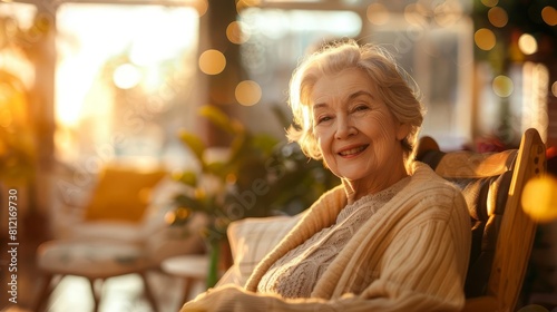 cheerful senior woman sitting in sunlit care home lounge with blurred people lifestyle photo