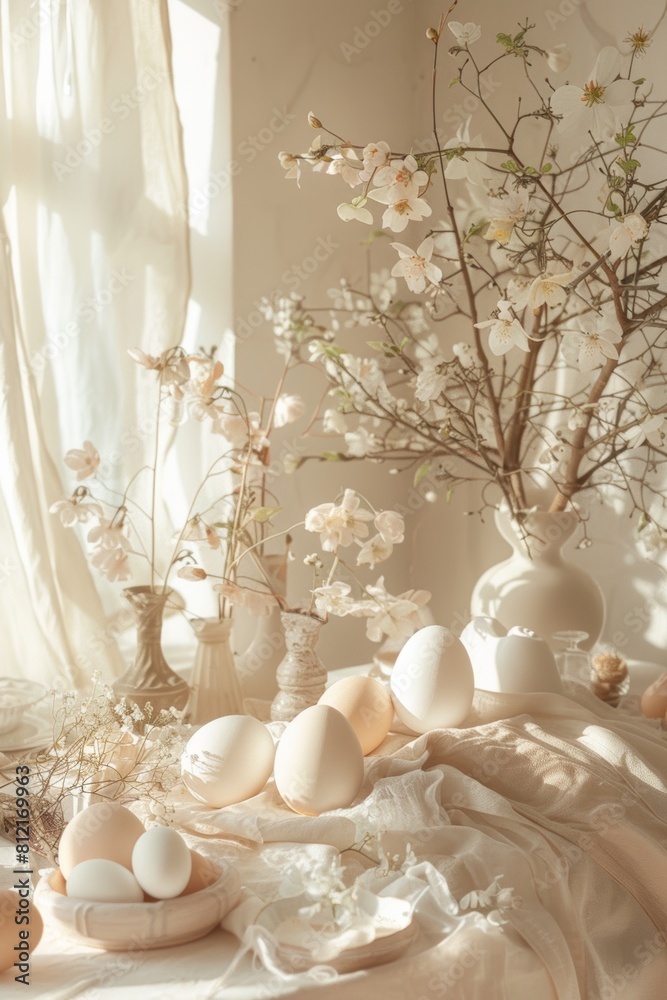 Table Adorned With White Flowers and Eggs Table Adorned With White Flowers and Eggs