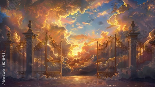 classic interpretation of the pearly gates the majestic entrance to heaven digital painting photo