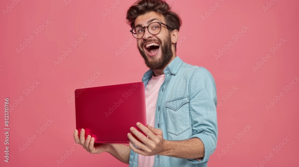 Excited Man with Red Laptop Excited Man with Red Laptop