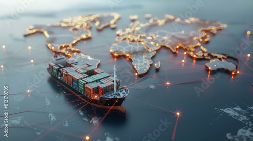 Fototapeta Naklejka Na Ścianę i Meble -  World map with logistic network distribution on background. Logistic and transport concept in front Industrial Container Cargo freight ship for Concept of fast or instant shipping, Online goods orders