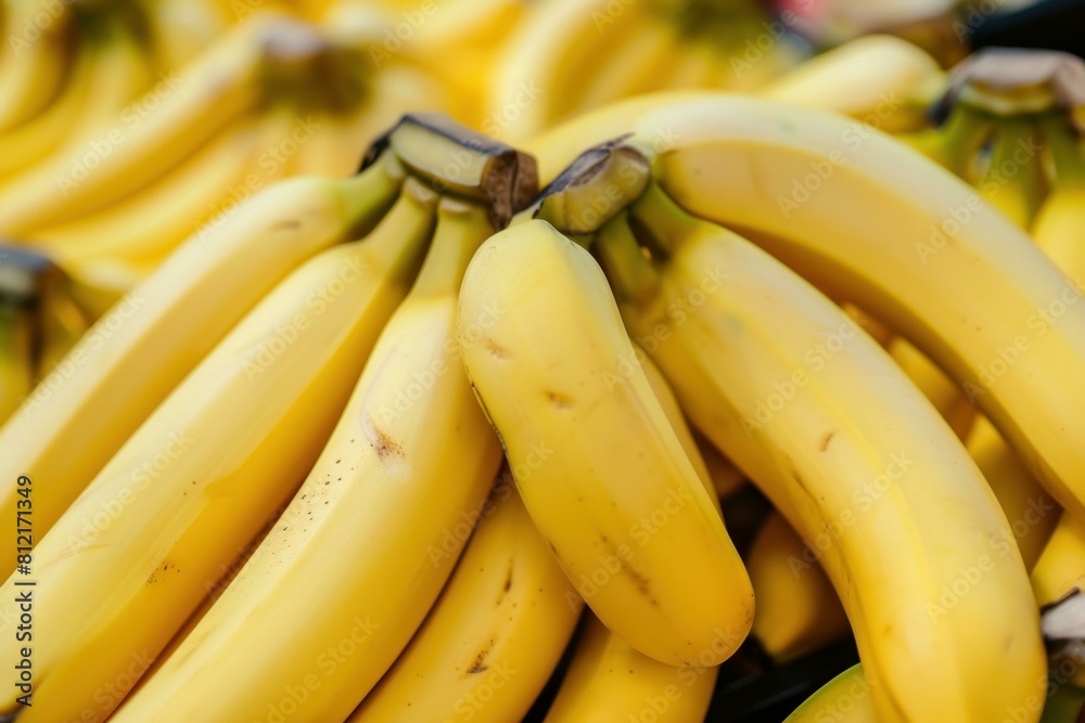 Close-up of ripe bananas stacked at a local market, showcasing their vibrant yellow color Close-up of ripe bananas stacked at a local market, showcasing their vibrant yellow color