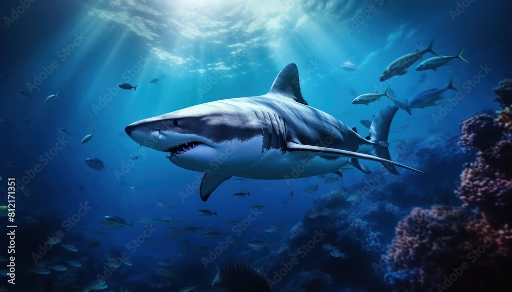 Fototapeta premium The great White Shark in the ocean, portrait of White shark hunting prey in the underwater