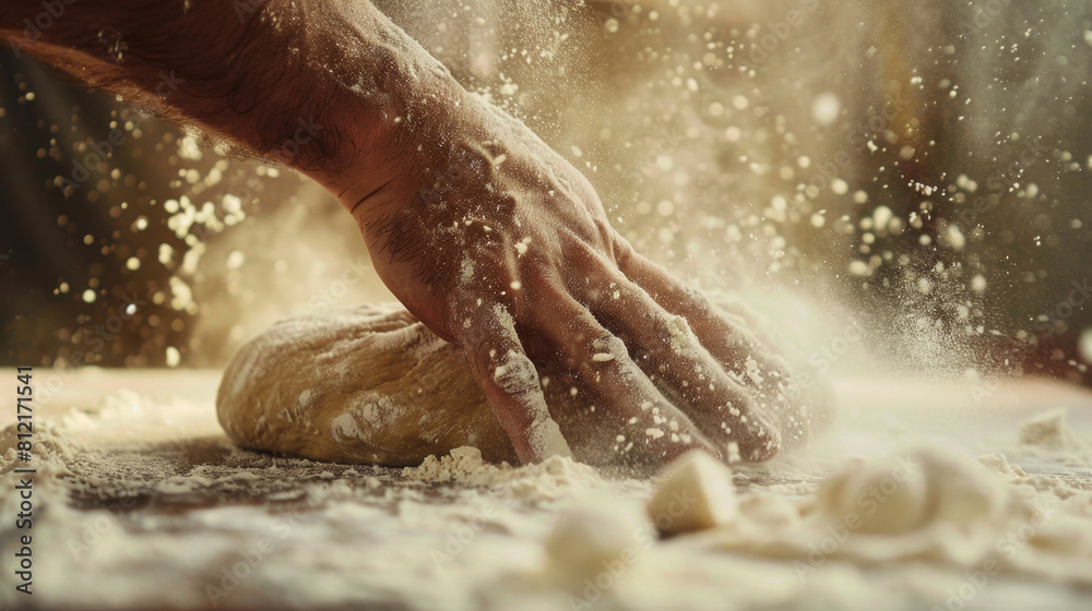 Baker's hands knead dough on the table in a closeup photo of making pizza at home in the kitchen, focused on the hand and food with flour dust in the air. Baker's hands knead dough on the table in a closeup photo of making pizza at home in the kitchen, focused on the hand and food with flour dust in the air.