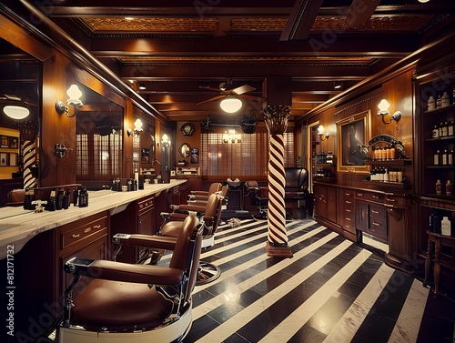 Luxurious barbershop interior with vintage barber chairs and striped floor.