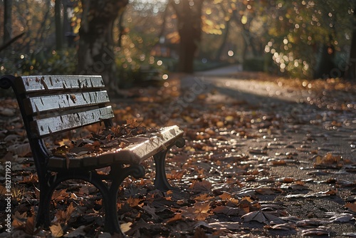 The image shows a park bench in the middle of a park. The bench is surrounded by fallen leaves and the trees are bare. The sun is shining through the trees. © SprintZz