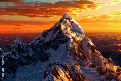 The majestic mountain is bathed in the warm glow of the setting sun. photo