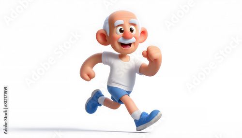 Elderly Man 3D Avatar Running Energetically with Bald Head and White Hair  