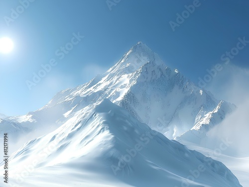 The majestic snow-capped mountain peak reaches for the sky.