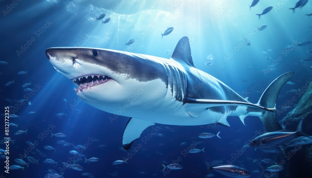 Fototapeta premium The great White Shark in the ocean, portrait of White shark hunting prey in the underwater