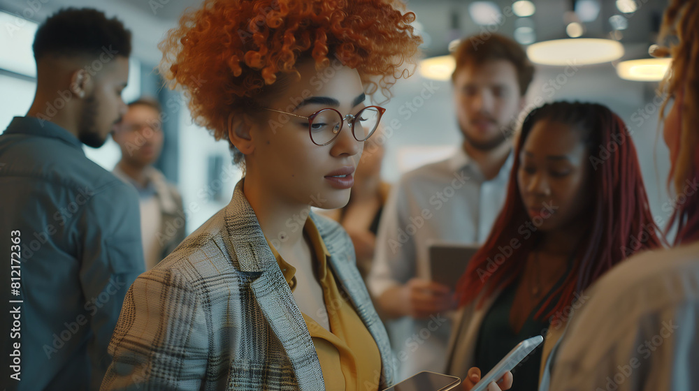 A diverse group of millennials and professionals gather in an office setting, utilizing tablets for support, collaboration, and planning, \