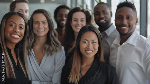 A diverse millennial group of professionals poses for a confident and smiling headshot portrait, captured with clarity by an HD camera. 