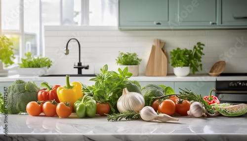 Illustration of a vibrant, modern kitchen bathed in sunlight, with fresh vegetables like bell peppers and broccoli on the counter. Generative Ai.