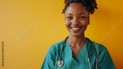 A female doctor smiling against a bright backdrop, conveying positivity and compassion. Medical expertise, Healthcare provider, Professional portrait, Positive energy
