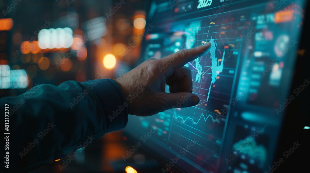 A close-up of a man's hand pointing at a detailed graph on a computer monitor displaying the year 2025. Authentic stock photo. Ai generated